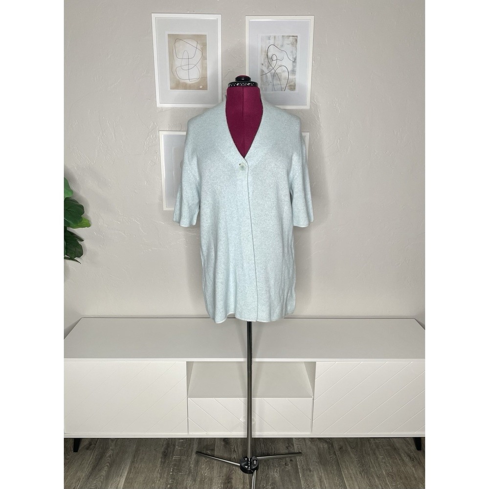 Eileen Fisher Cardigan Women's Sweater L Cashmere Thick Light Green Short Sleeve